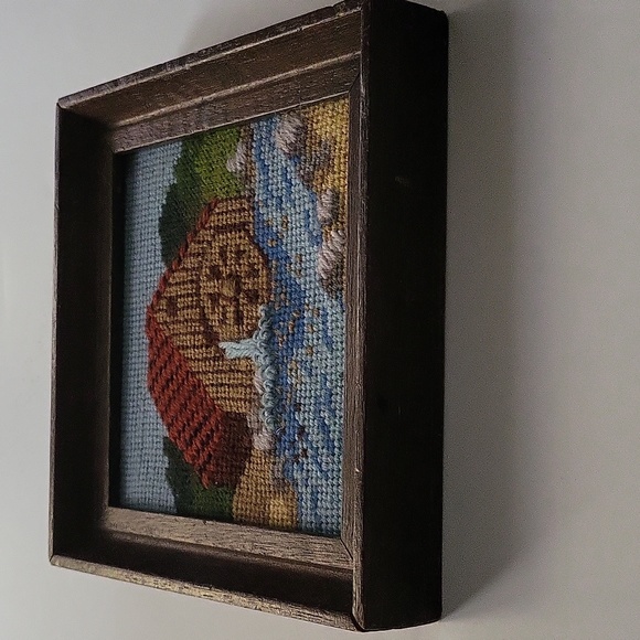 Farmhouse With A Mill Waterwheel In A River Vintage Framed Needlework - Picture 5 of 8
